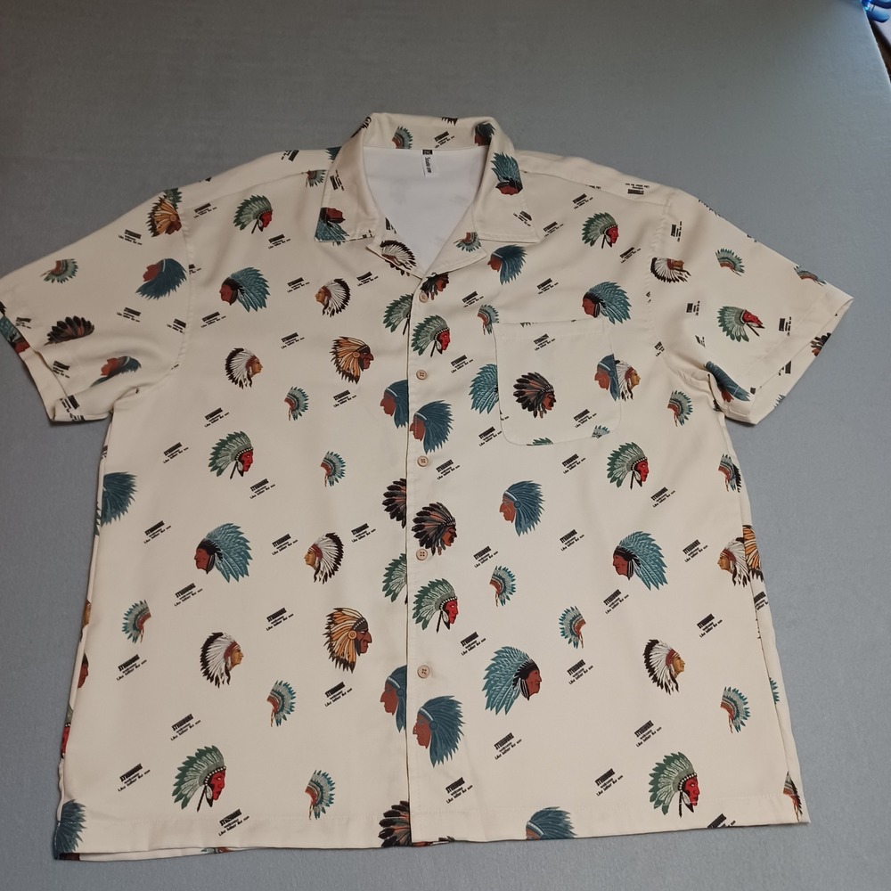 Studio One Mens 2XL Short Sleeve‎ Button Up Shirt Headdress Print Cream Graphic
